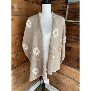 Floral Ruana/Cape Open Front Poncho One Size Beige